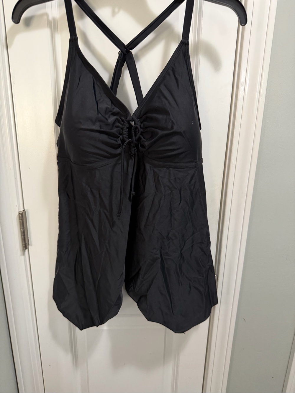 Black One-Piece Swim Dress with Adjustable Front Drawstring